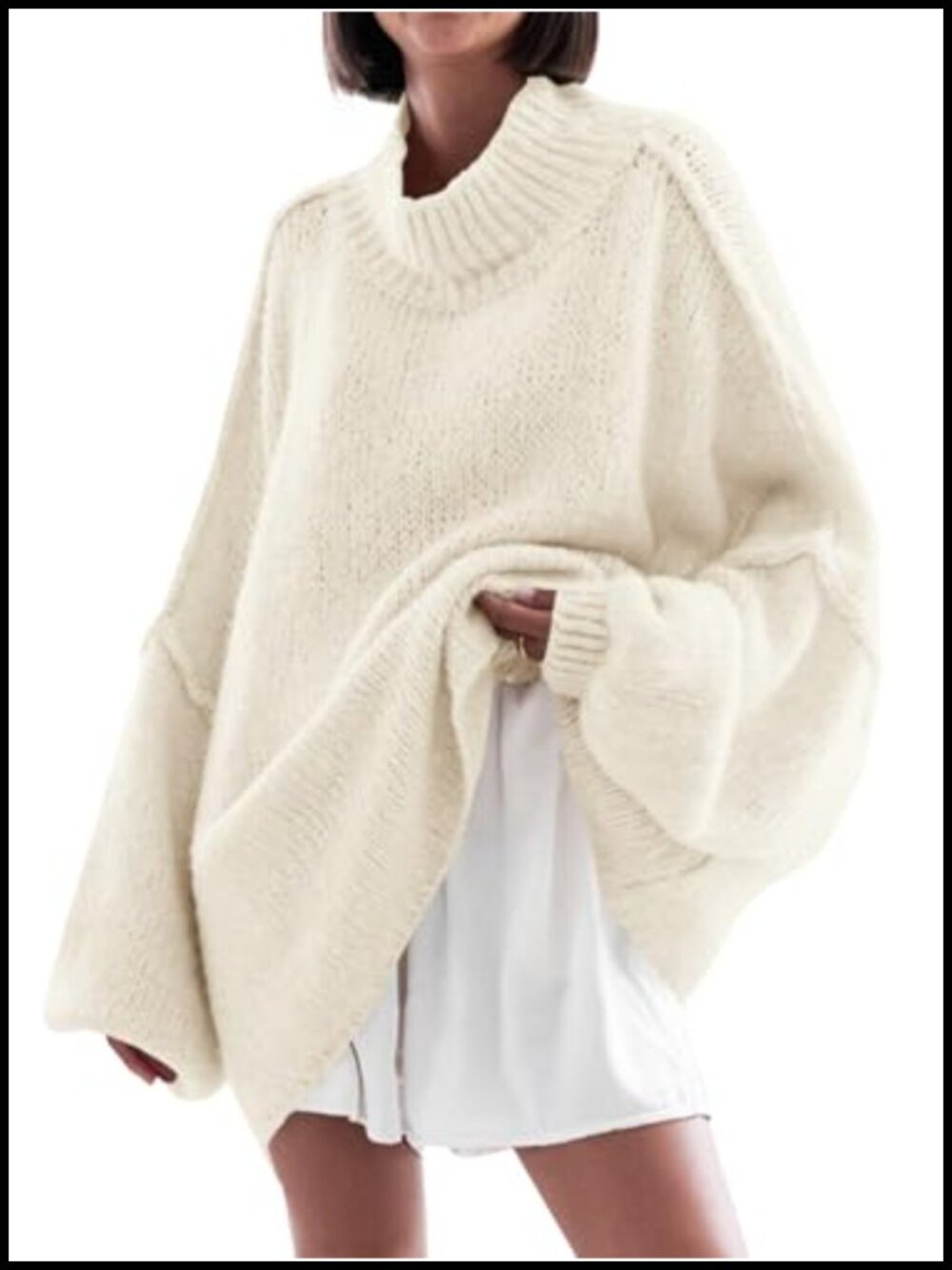 Womens Oversized Chunky Ribbed Knit Mock Neck Tunic Sweater Batwing Long Sleeve